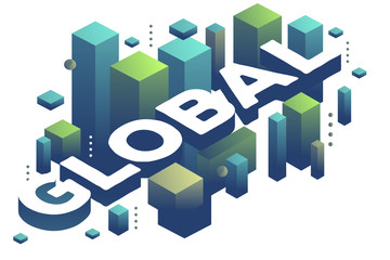 Vector illustration of three dimensional word global with abstract green and blue shapes on white background. Global communication and influence concept.