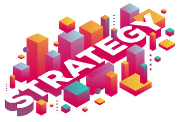Vector creative illustration of three dimensional word strategy with abstract colorful shapes on white background.