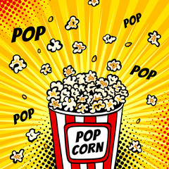 Pop art fast food in the cinema. Colorful background with popcorn popping out of the box. Vector illustration in comic retro pop art style. - obrazy, fototapety, plakaty