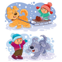 Set of winter clip art illustration small children play outside with their dogs