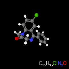 Diazepam (valium) model molecule. Isolated on black background. Cartoon style.