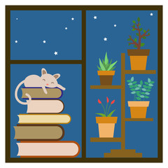 cat sleeping on a stack of books on the window near houseplants.Vector illustration
