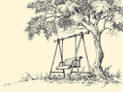 Swing under the tree vector illustration. Playground drawing