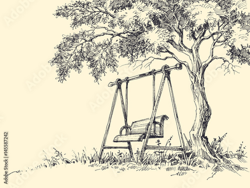 Swing Under The Tree Vector Illustration Playground Drawing