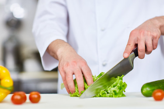 Hands of chef cutting green lettuce for salad