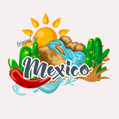 Vector colorful card about Mexico. Travel poster with mexican items.