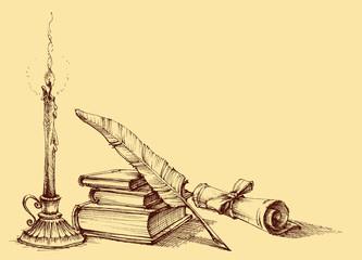 Stack of books, paper, scroll, quill pen and candle. Diploma, certificate, school, study, writing, literature, library design in vintage style - 145588000