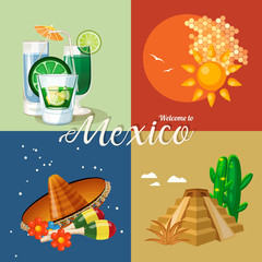 Vector colorful card about Mexico. Travel poster with mexican items.