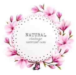 Fototapeta premium Natural vintage greeting card with pink magnolia. Vector.