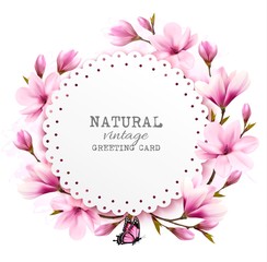 Natural vintage greeting card with pink magnolia. Vector.