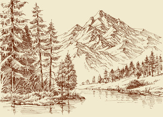 Obraz premium Alpine landscape, river and pine forest sketch