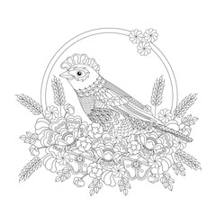 Fototapeta na wymiar Fantasy bird in flowers. Coloring book for adults and children. Black and white vector illustration.