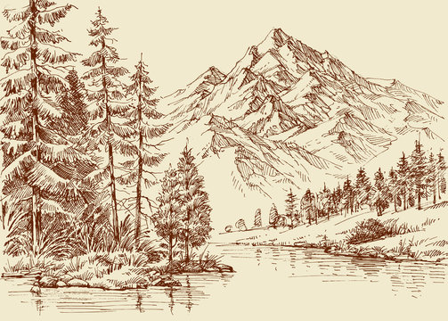 Landscape drawing River flow and vegetation Download a Free Preview or  High Quality Adobe Illus  Landscape drawings Landscape design drawings  Landscape sketch