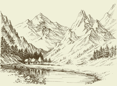 Mountain landscape sketch, small alpine resort