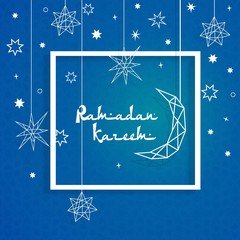 Banner with moon, star for Ramadan celebration.