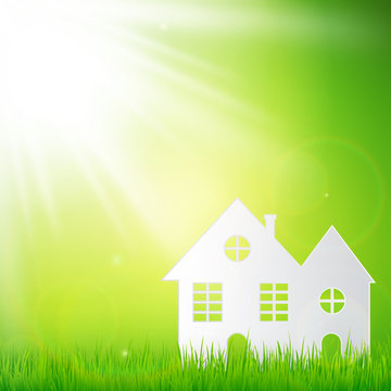 Paper art design style,house with grass, sun, nature ecology idea