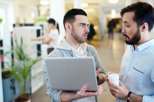 Two modern business people discussing work project standing with laptop in open office space - Powered by Adobe