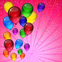 Birthday party background - colorful festive balloons, confetti, ribbons flying for celebrations card in pink background with space for you text.