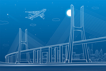 Large cable-stayed bridge, night modern city on background, airplane fly, vector design art