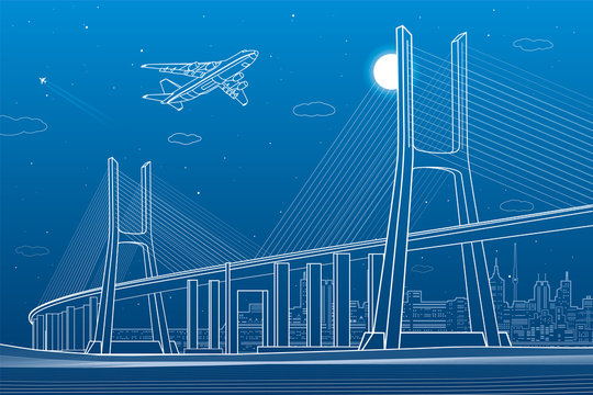 Fototapeta Large cable-stayed bridge, night modern city on background, airplane fly, vector design art