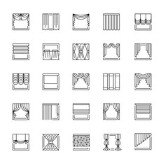 Vector line icons with drapes. Window curtains, blinds and shades.