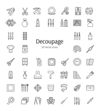 Vector line icons about paper craft. Decoupage tools and accessories. Home decorations from paper napkins and glue