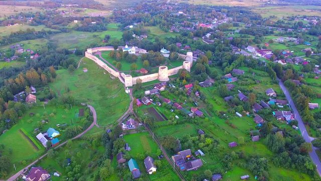 Drone flight over the ancient fortress Izborsk
