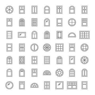 Windows icon collection. Set of thin line window contours isolated on white background.