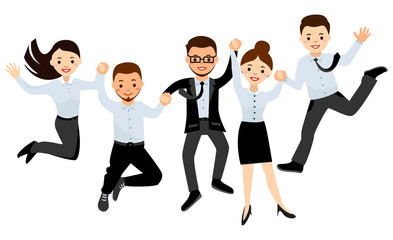 Happy Business people in office form jumping celebrating victory. Isolated on a white background. The concept of friendship, healthy lifestyle, success. Vector illustration in a flat style
