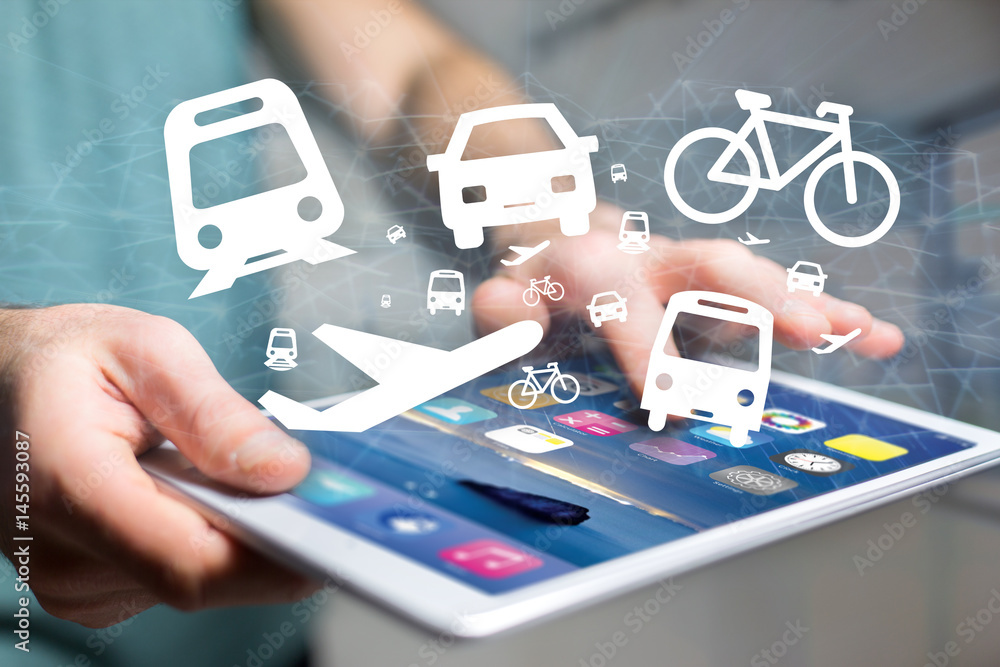 Poster concept of checking different way to go on holidays on a device - travel concept