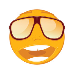 Emoticon smiling in a sunglasses on white background. Vector illustration.