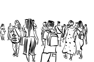 Fototapeta na wymiar crowd walking ink sketch on white background