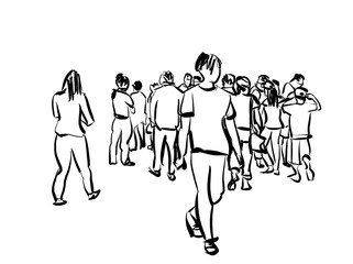 crowd walking ink sketch on white background