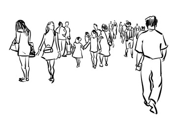 crowd walking ink sketch on white background