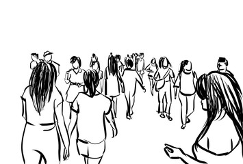 crowd walking ink sketch on white background