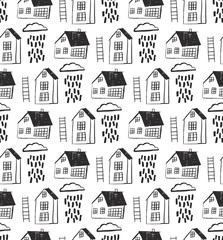 City seamless pattern with hand drawn houses.  Seamless background with sketchy house and cloud rain . The image is made in the style of hand-made, bright, simple.