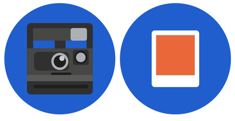 Vector icon of instant photo frame with camera. Vector background with camera, lens and pictures.