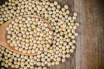 close up soybean in wooden ladle on wooden