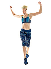 one young caucasian woman runner running jogger jogging studio isolated in white background