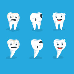 Set vector illustration healthy and caries human teeth blue background