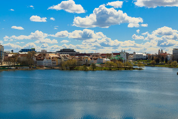 Fototapeta na wymiar Center of the city of Minsk - the capital of Belarus, the Nemiga river. Cityskape.