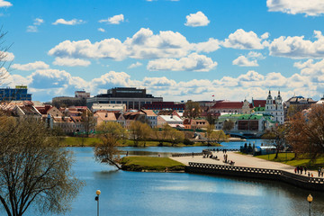 Center of the city of Minsk - the capital of Belarus, the Nemiga river.  Cityskape.