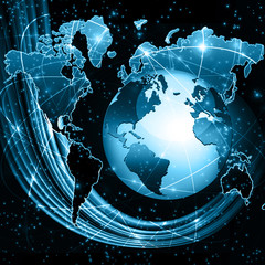 Best Internet Concept of global business. Globe, glowing lines on technological background. Wi-Fi, rays, symbols Internet, 3D illustration