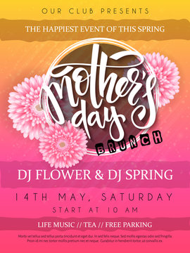 vector illustration of mothers day event poster with round frame, blooming chrysanthemum flowers hand lettering text - mothers day