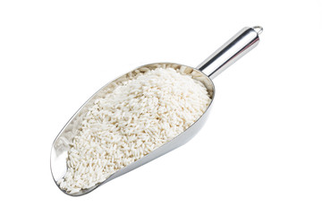 Organic white rice in wooden spoon, glutinous rice or sticky rice for design nature foods Concept.