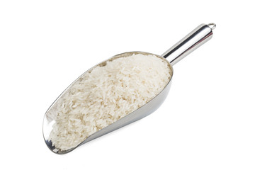 basmati rice in a wooden bowl isolated on white background