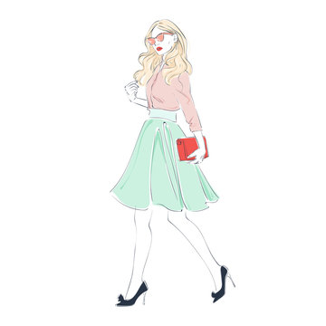 Beautiful young women in a fashion retro clothes, midi skirt and pink sunglasses with bag. Vector hand drawn illustration.