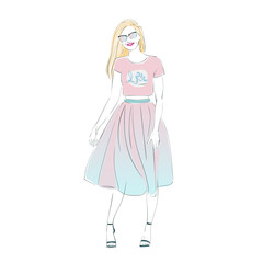 Obraz na płótnie Canvas Beautiful young women in a fashion pink retro clothes in glasses. Vector hand drawn illustration.