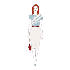 Beautiful fashion red hair hipster young business woman in pencil skirt on high heels with bag. Hand drawn illustration. Vector hand drawn sketch illustration.