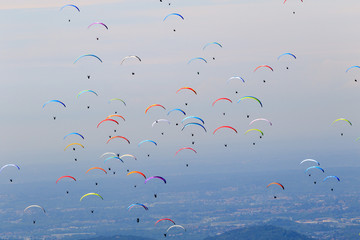 many paragliders on the sky